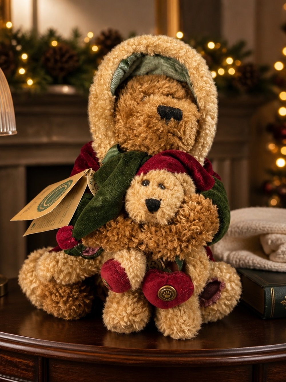 Boyds Bears Tan Plush Bear Pair in Green and Red Holiday Attire